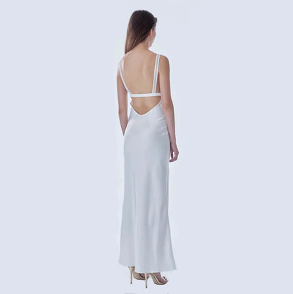 Malika White Satin Mesh Maxi Dress