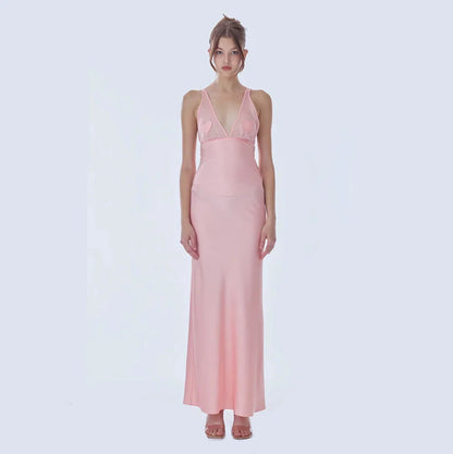 Malika Pink Satin Mesh Maxi Dress