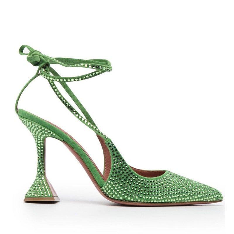 High Shine Green Crystal Lace Up Heels