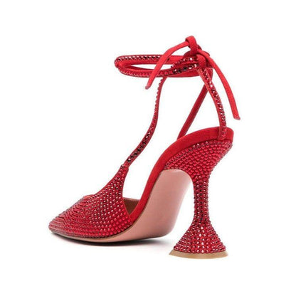High Shine Red Crystal Lace Up Heels