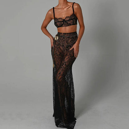 Mon Ami Black Lace Maxi Skirt Set