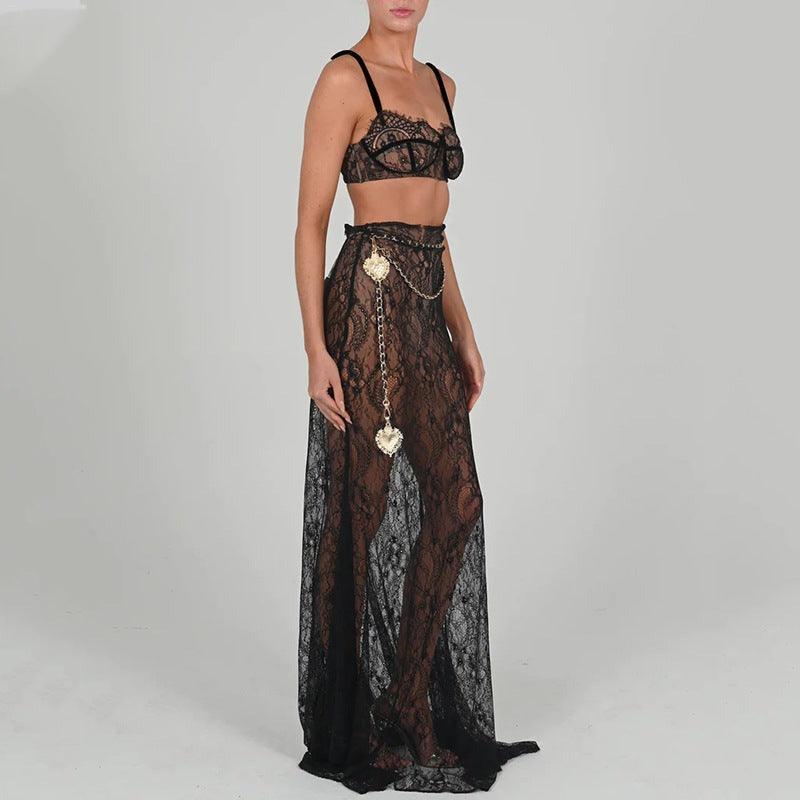 Mon Ami Black Lace Maxi Skirt Set