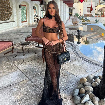 Mon Ami Black Lace Maxi Skirt Set