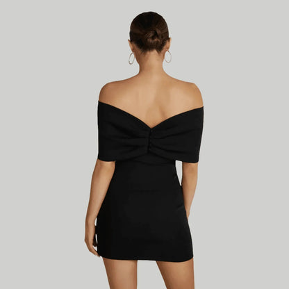 Mona Off Shoulder Bow Black Mini Dress