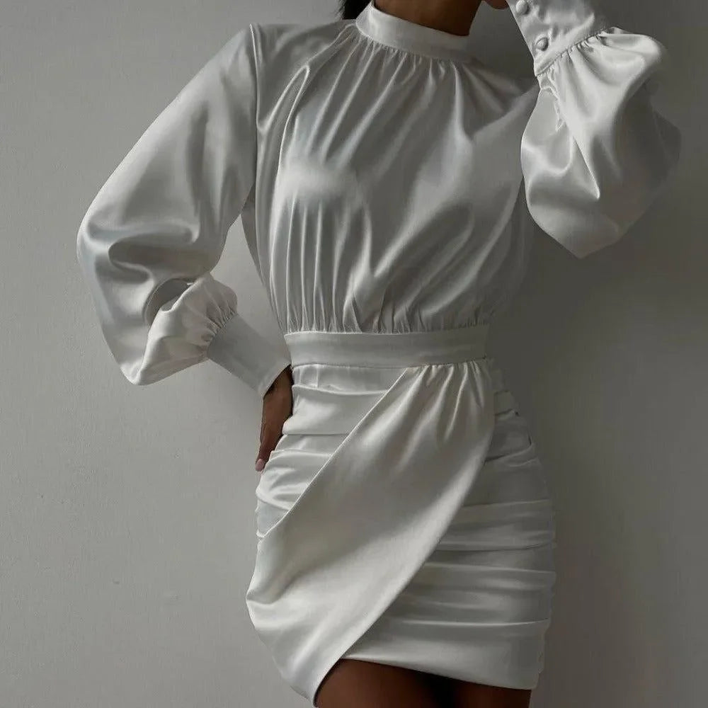 Monaco White Satin Ruched Mini Dress