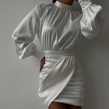 Monaco White Satin Ruched Mini Dress