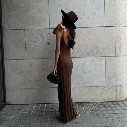 Nyx Brown Knitted Backless Maxi Dress
