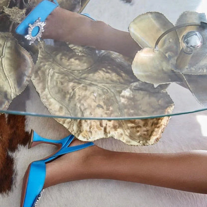 Obsessed Pointed Toe Crystal Brooch Blue Heels
