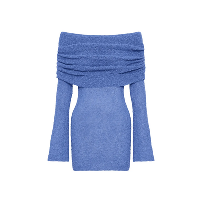 One Kiss Off-Shoulder Blue Boucle Mini Dress
