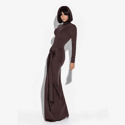 Playing Games Brown Long Sleeve Maxi Dress