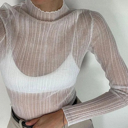 Presley White Sheer Mesh Mock Neck Frill Hem Top