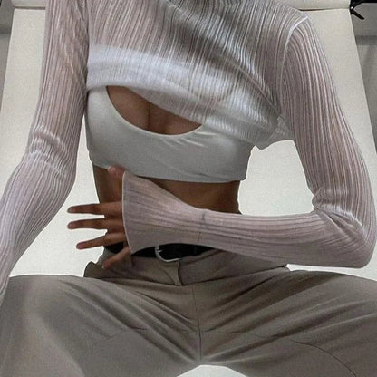 Presley White Sheer Mesh Mock Neck Frill Hem Top