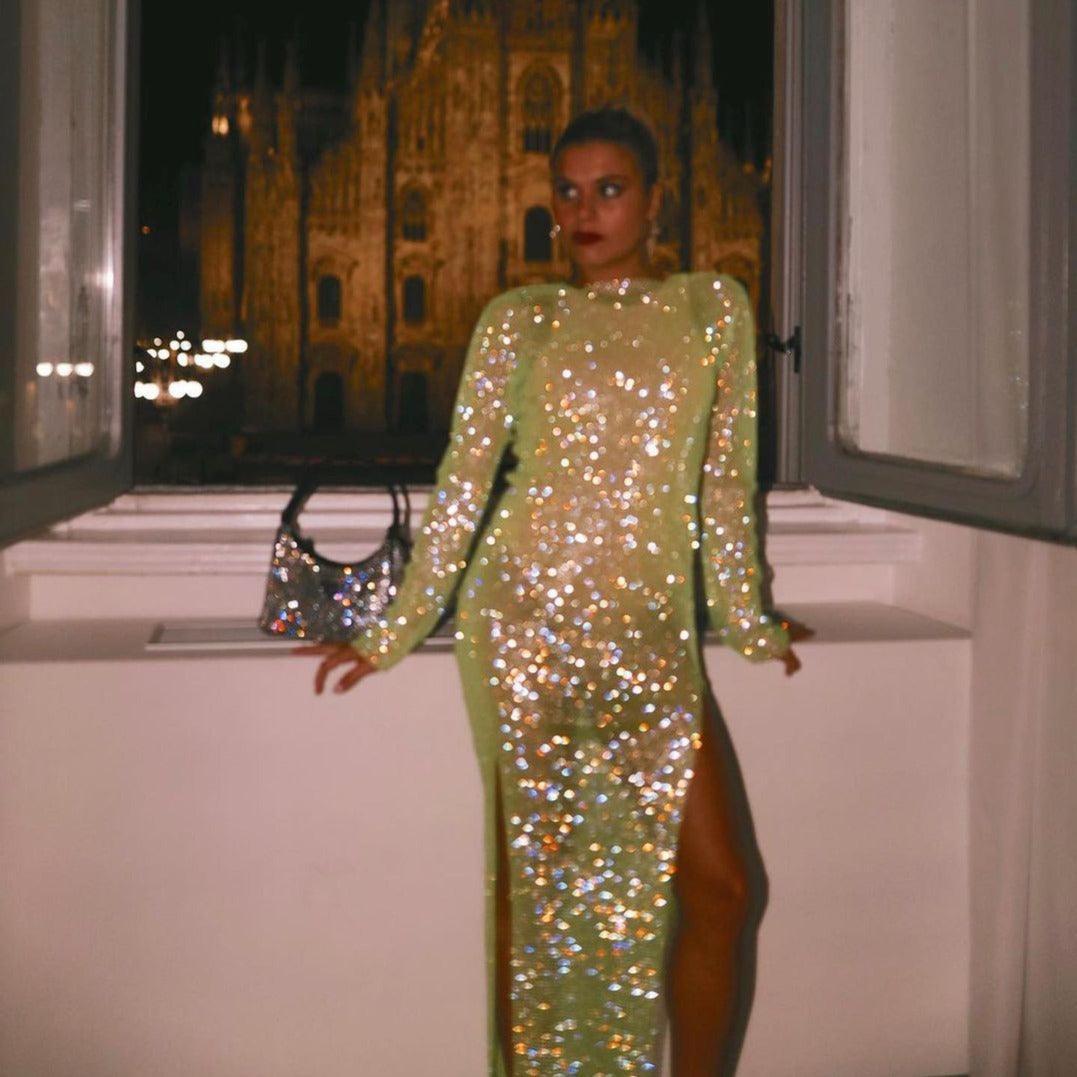 Diamond Dusk Light Green Rhinestone Midi Dress