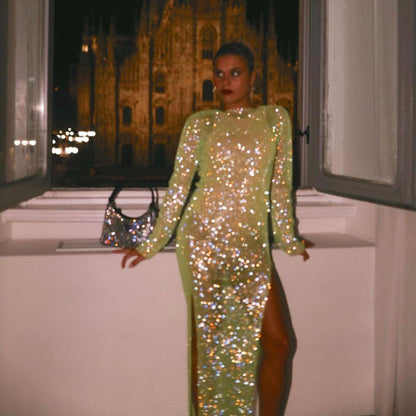 Diamond Dusk Light Green Rhinestone Midi Dress