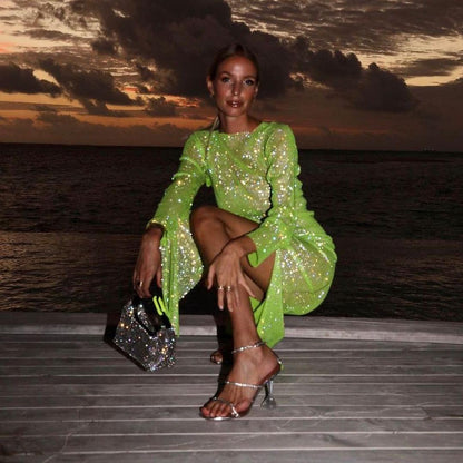 Diamond Dusk Light Green Rhinestone Midi Dress