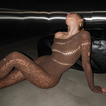 Perfectly Imperfect Rhinestone Embellished Brown Jumpsuit