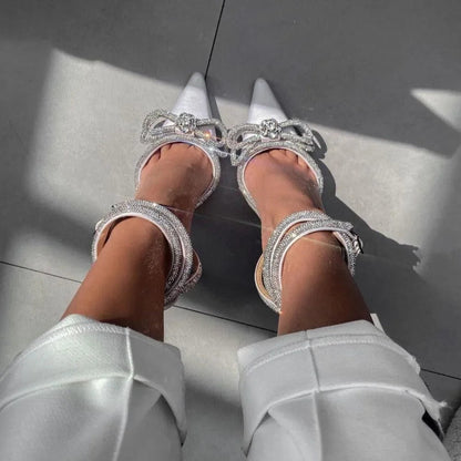 Sugarcoat White Satin Pumps with Double Bow & Crystals