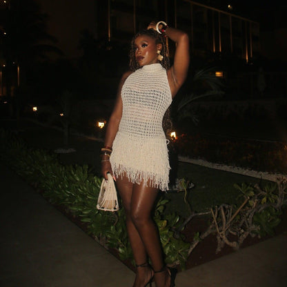 Thala Fringe Hemline Knitted Beige Mini Dress