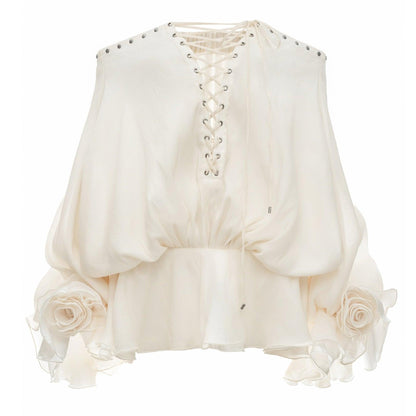 Tiffany Off Shoulder Lace Up Ivory Mini Dress