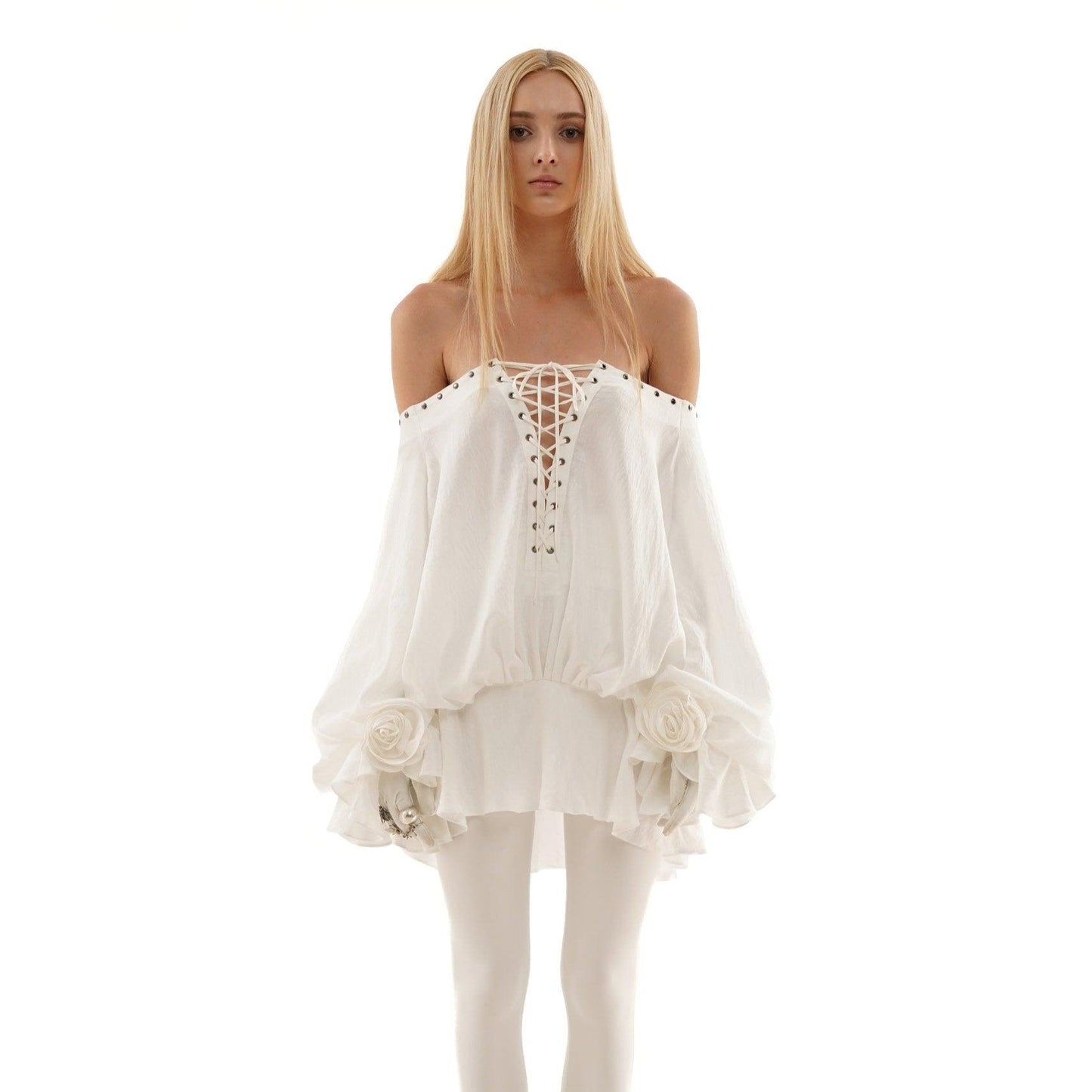 Tiffany Off Shoulder Lace Up White Mini Dress